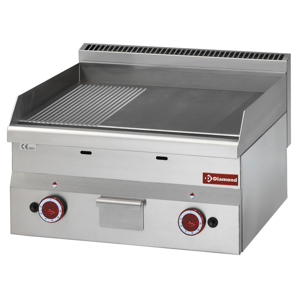 Plaque de cuisson à gaz, 2/3 lisse et 1/3 striée « chrome » -Dessus- DIAMOND G60/PMCD6T