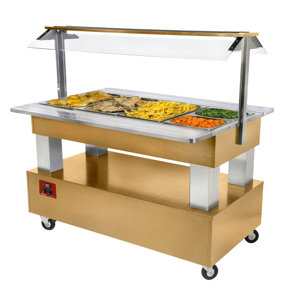 Bar à salades chauffant/bain-marie, 4x GN1/1-150 (Bois chêne clair) DIAMOND BBM/4N-D1